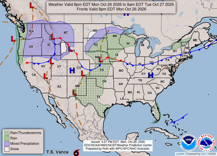 NOAA Weather Prediction Center national forecast for today